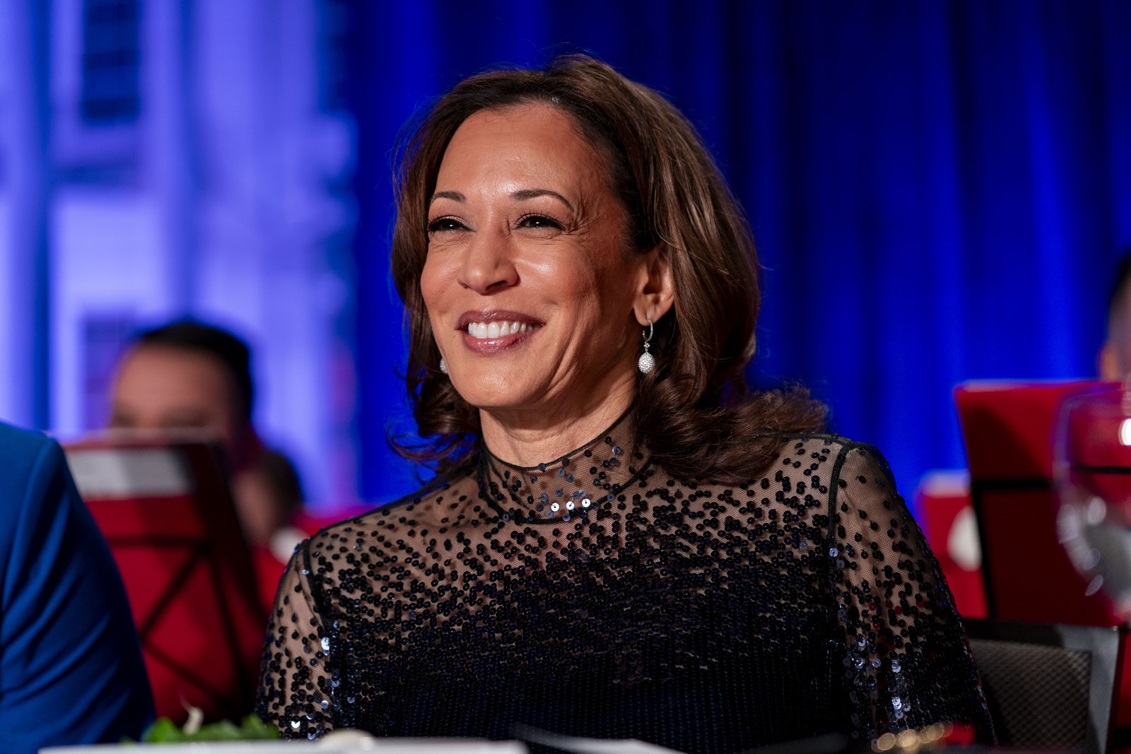 L'image peut contenir Kamala Harris Tête Personne Visage Heureux Adulte Rire Sourire Accessoires Bijoux et Collier