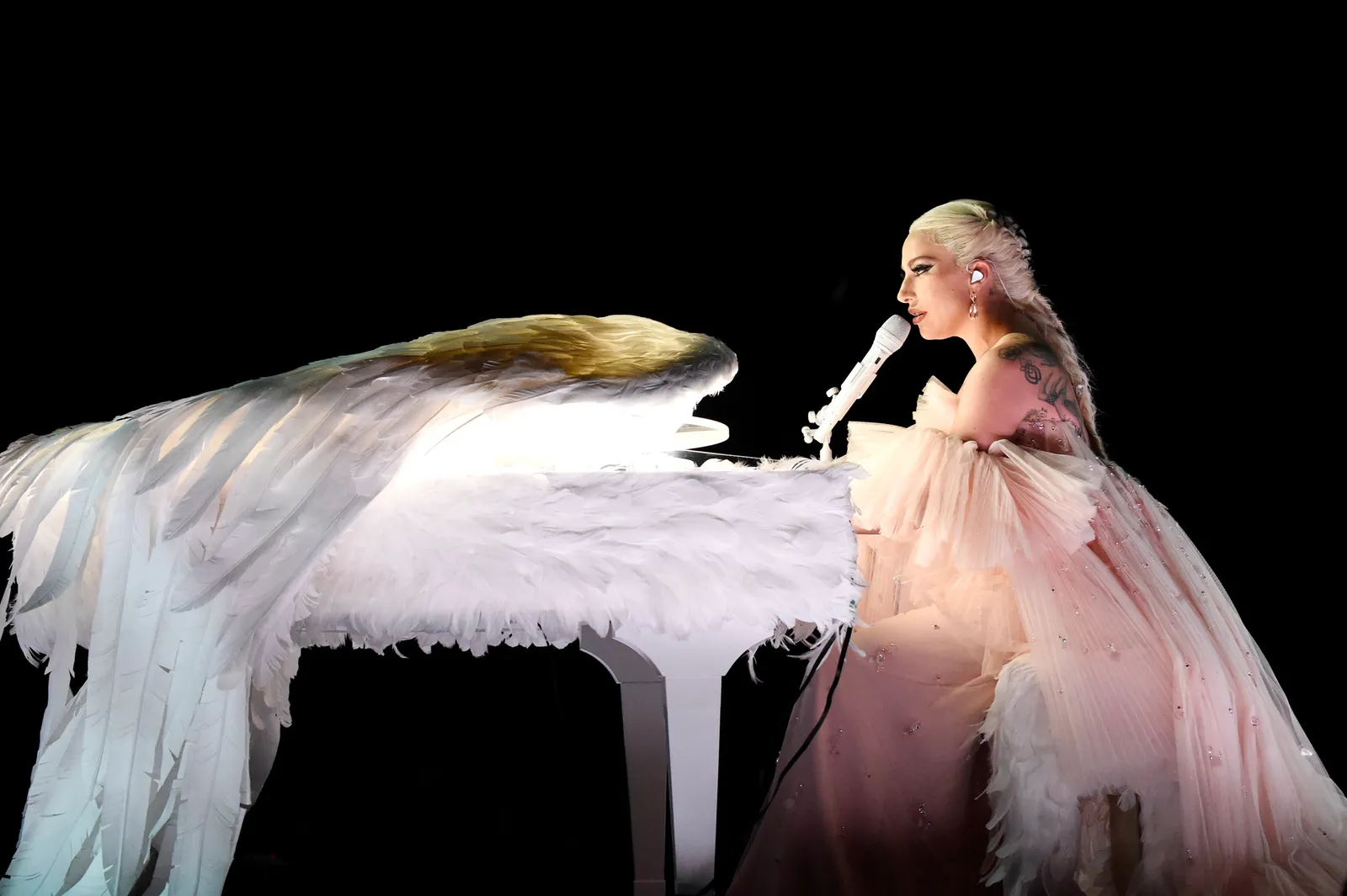 L'image peut contenir des vêtements de Lady Gaga Robe Personne Appareil électrique Microphone Interprète et performance solo